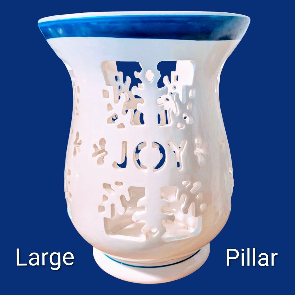 Snowflake Pillar Candle Holder Holiday Xmas White Ceramic JOY Cutout Appx 9"x 6"